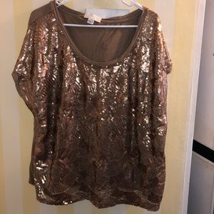 Gold/tan sequin front top - jersey knit back